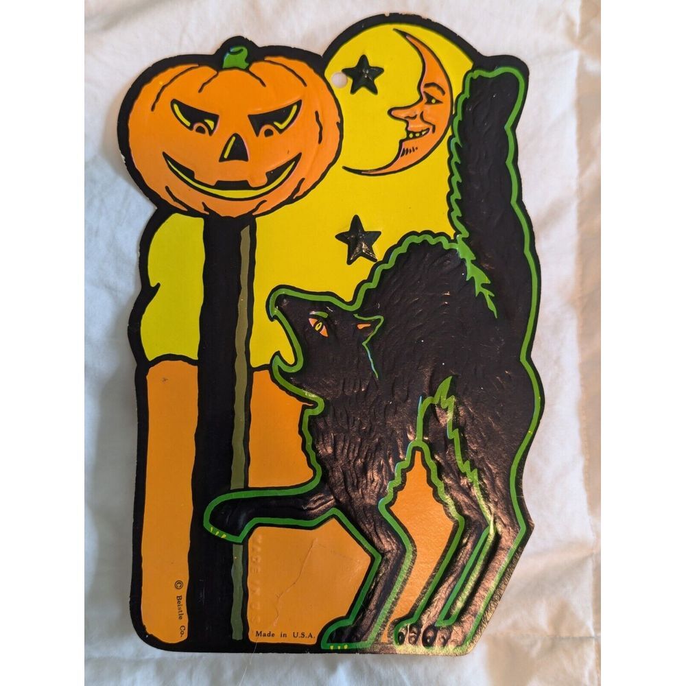 VTG Halloween Cat Moon Pumpkin Embossed Die-Cut Card Stock Beistle H E Luhrs 40s